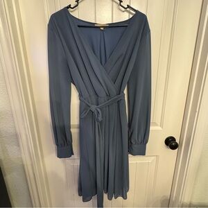 Pink Blush Ricarica Dusty Blue Long Sleeve Dress w Sash Tie & Button Detail